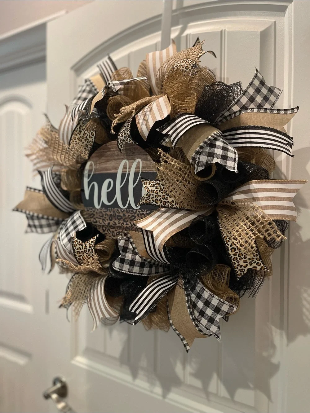 Hello Everyday Wreath in Burlap and Ribbon Leopard Wreath in Black, Tan, Cream